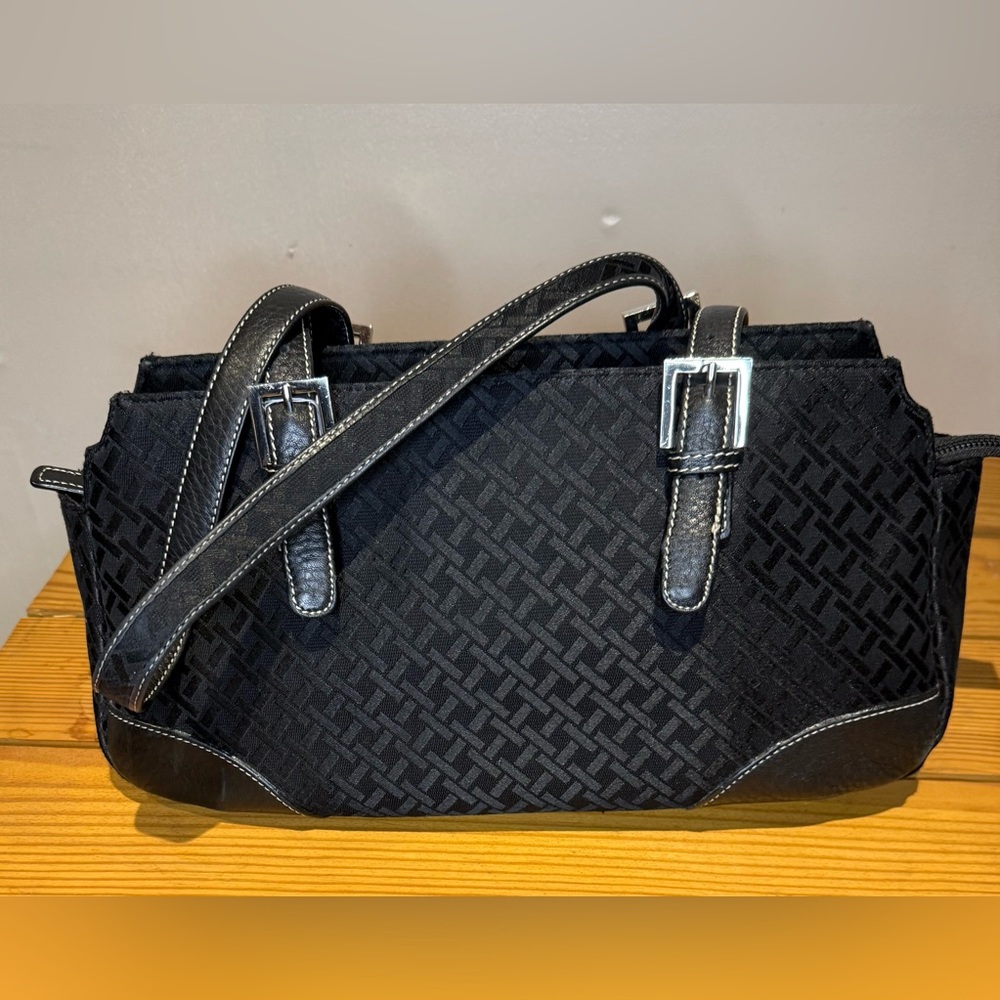 Talbots vintage Shoulder Bag black Jacquard with leather trim EUC Y2K - Picture 2 of 10
